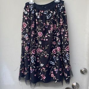 See You Monday Black Floral Embroidered A-Line Skirt with Mesh Hem. Size L.